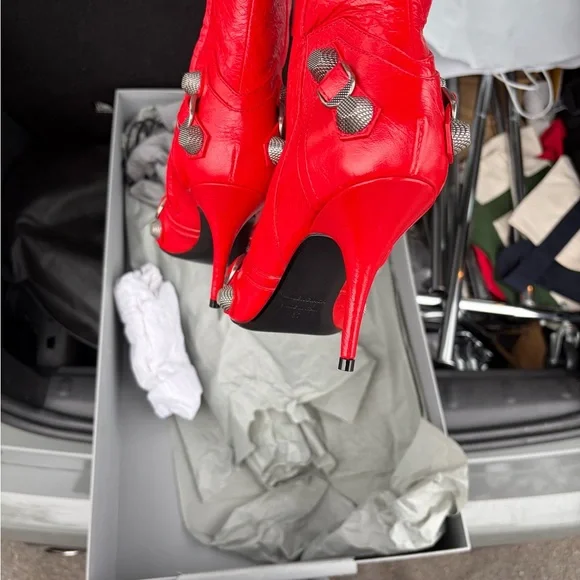 Red Leather Knee-High Stiletto Boots - Women - Picture 9 of 10